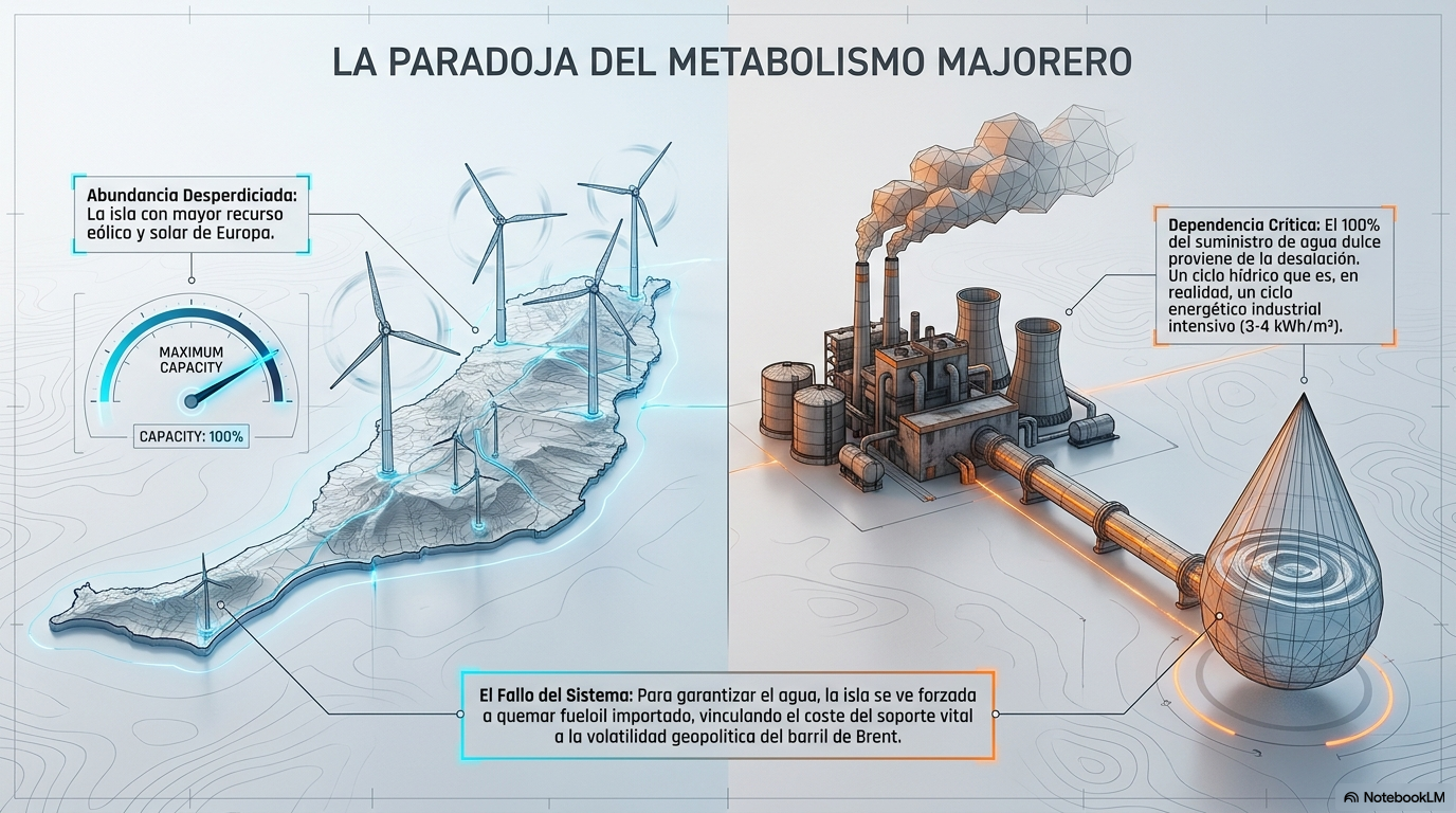 Esquema del metabolismo insular de Fuerteventura con viento, desalación, generación fósil y consumo de agua