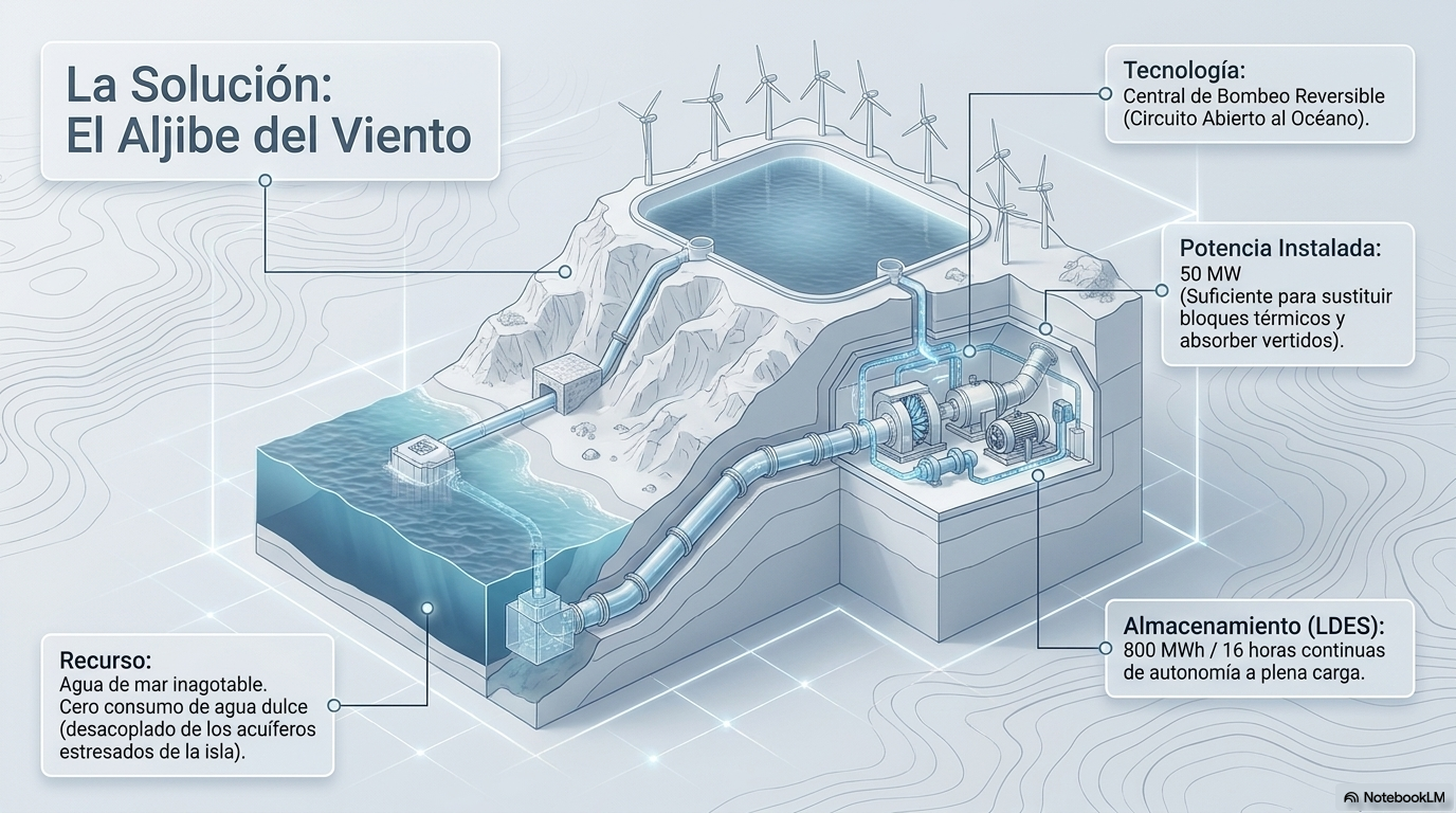 Infografía del bombeo reversible con depósito superior, agua de mar, turbinas y conexión eléctrica