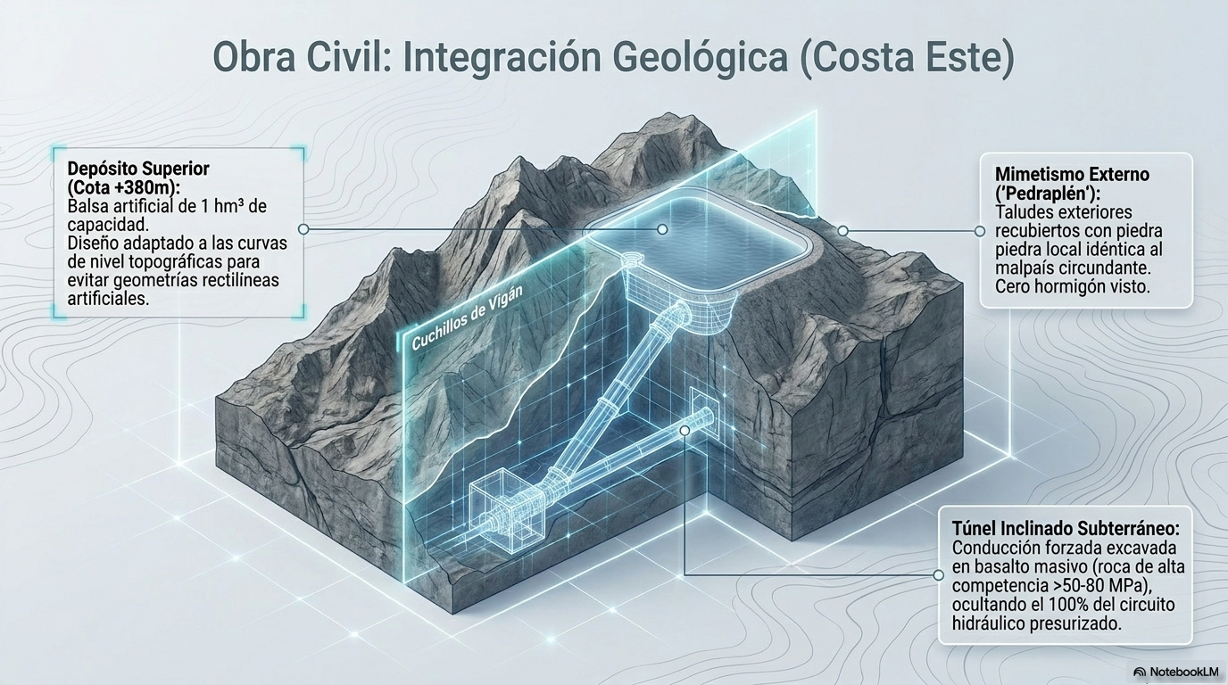 Obra civil integrada en geología volcánica con conducción subterránea y depósito mimetizado